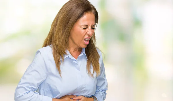 Mooie Middenleeftijd Volwassen Zakenvrouw Geïsoleerd Achtergrond Met Hand Maag Omdat — Stockfoto