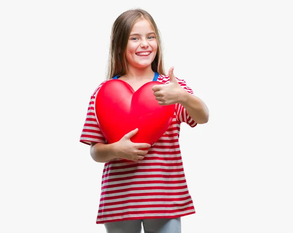 Ung Vacker Flicka Håller Rött Hjärta Över Isolerade Bakgrund Glad — Stockfoto