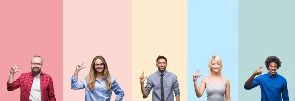 Collage Van Verschillende Etniciteit Jongeren Kleurrijke Strepen Geïsoleerd Achtergrond Glimlachend — Stockfoto