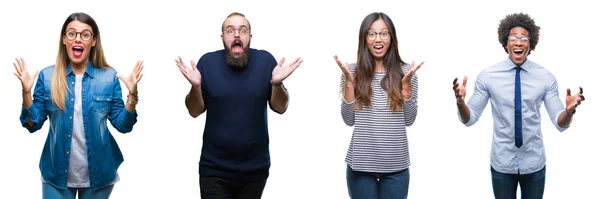 Collage Grupo Jóvenes Empresarios Sobre Fondo Aislado Celebrando Locos Sorprendidos — Foto de Stock