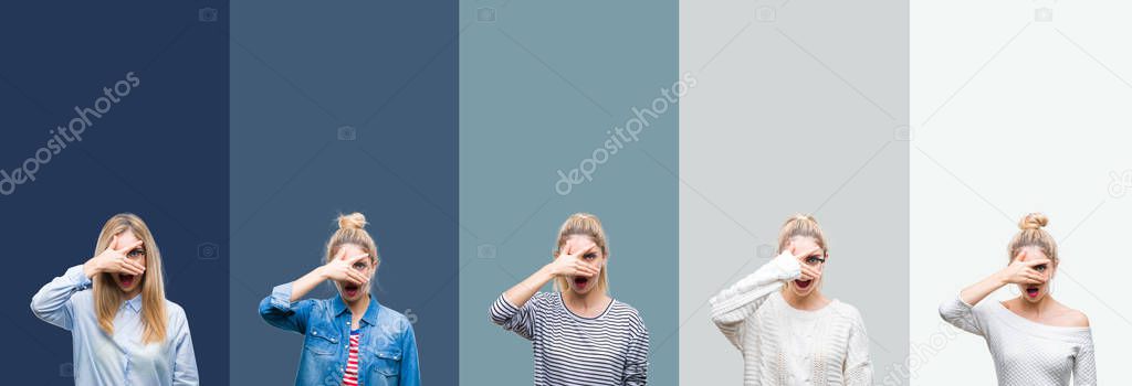 Collage of young beautiful blonde woman over vivid colorful vintage green isolated background peeking in shock covering face and eyes with hand, looking through fingers with embarrassed expression.