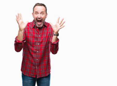 Orta yaş ağarmış üst düzey adam deli kutluyor arka plan izole ve başarı için kaldırdı kollarını açarak hayrete ve heyecanlı çığlık gözleri açık. Kazanan kavramı