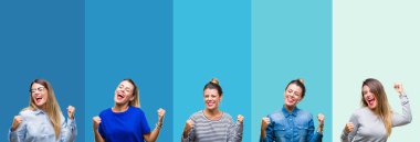 Mavi çizgili genç güzel kadın kolaj arka plan çok mutlu ve heyecanlı kaldırdı, gülümseyen ve başarı için çığlık silah ile kazanan jest yapıyor izole. Kutlama kavramı.