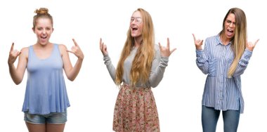 Kolaj bir grup deli ifade rock simge elle yapıyor ile bağırarak izole arka plan üzerinde sarışın kadın. Müzik yıldızı. Ağır kavramı.