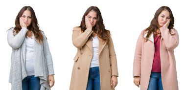 Artı boyutu kadın giyiyor kış ceket seyir yorgun ve bıkkın ile depresyon sorun Çapraz kollar ile izole arka plan düşünme üzerinde güzel kolaj.