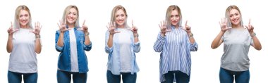 Kolaj üzerinde gösterilen ve parmakları ile işaret izole arka plan güzel sarışın genç kadının kendinden emin ve mutlu gülümseyerek süre yedi numara.