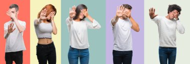 Afrikalı-Amerikalı, İspanyol ve Çinli grup vintage üzerinde insan kompozisyon kapsayan gözleri elleri ile arka plan renk ve dur jest ile acı ve korku ifadesi. Utandım ve negatif kavramı.