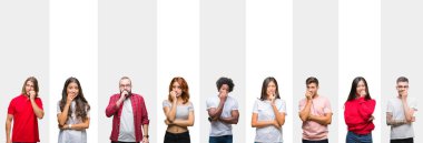 Kolaj farklı etnik genç insanlar stresli ve gergin ile beyaz çizgili izole arka plan üzerinde bir tırnak ısırma dudaklarından eller. Anksiyete sorunu.