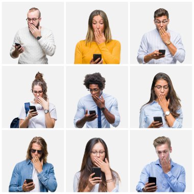 Hata, korku, sessizlik içinde gizli kavramı korkmuş ifade için utanç ile kolaj bir grup genç insan izole arka kapak ağız el ile üzerinden smartphone kullanarak şok