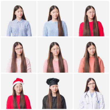 Genç doktor, Şef Asyalı kadın izole arka plan gülümseyen görünümlü yan ve dik dik bakma uzağa düşünce kolaj.