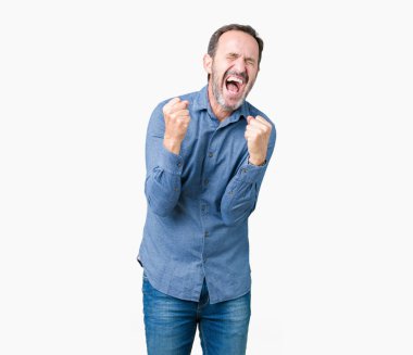 Gülümseyen ve başarı için çığlık yakışıklı orta yaş zarif üst düzey adam izole arka plan çok mutlu ve heyecanlı kaldırdı, silah ile kazanan jest yapıyor. Kutlama kavramı.