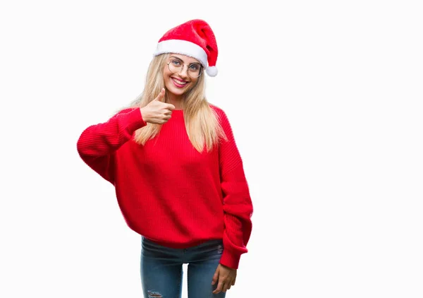 Jovem Mulher Loira Bonita Vestindo Chapéu Natal Sobre Fundo Isolado — Fotografia de Stock