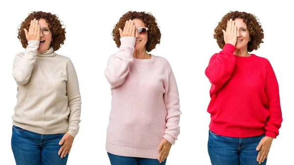 Colagem Meia Idade Mulher Sênior Vestindo Camisola Inverno Sobre Fundo — Fotografia de Stock