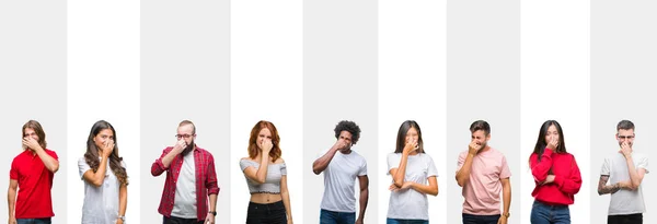 Collage Diferentes Etnias Jóvenes Sobre Rayas Blancas Aislaron Fondo Oliendo —  Fotos de Stock