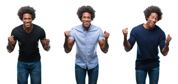 非常に幸せと興奮の発生 笑みを浮かべて 成功のために叫んで腕を持つ勝者ジェスチャーを行う分離の背景の上のアフリカ系アメリカ人の若いハンサムな男のコラージュ お祝いのコンセプト — ストック写真
