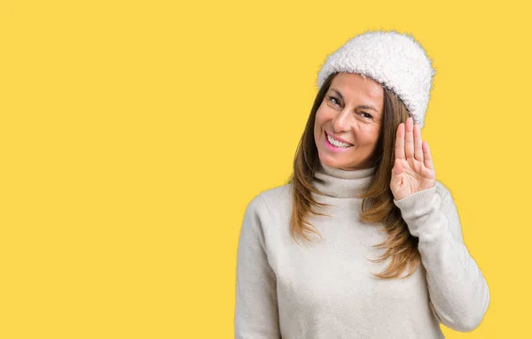 Schöne Frau Mittleren Alters Die Winterpullover Und Hut Über Isoliertem — Stockfoto