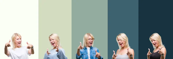 Collage Van Mooie Blonde Vrouw Groene Vintage Geïsoleerde Achtergrond Wijzen — Stockfoto