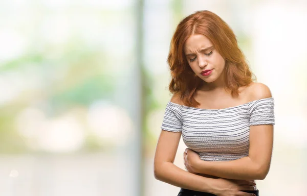 Young Beautiful Woman Isolated Background Hand Stomach Because Nausea Painful — Stock Photo, Image