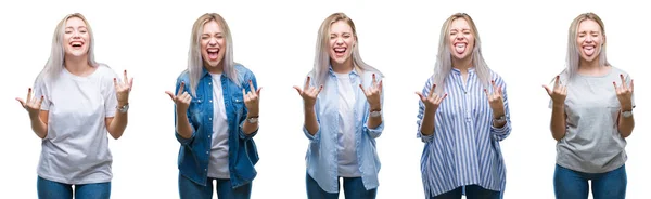 Collage Beautiful Blonde Young Woman Isolated Background Shouting Crazy Expression — Stock Photo, Image
