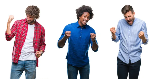 Collage Group African American Hispanic Men Isolated Background Very Happy — Φωτογραφία Αρχείου