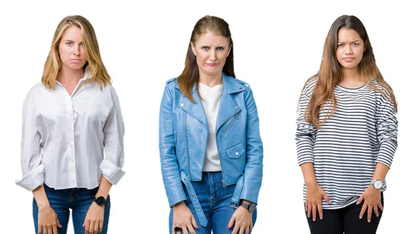 Collage Van Groep Drie Mooie Vrouwen Witte Geïsoleerde Achtergrond Scepticus — Stockfoto