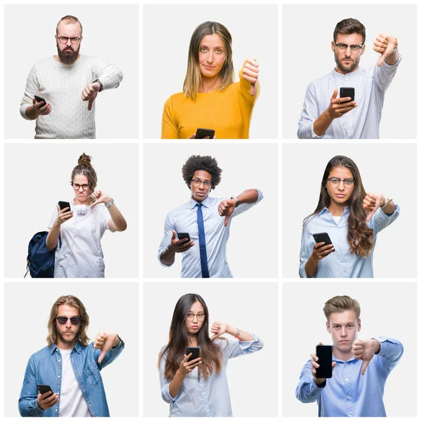 Collage Von Jugendlichen Mit Smartphone Vor Isoliertem Hintergrund Mit Wütendem — Stockfoto