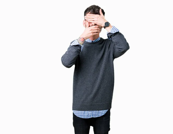 Young Handsome Smart Man Wearing Glasses Isolated Background Covering Eyes — Stock Photo, Image