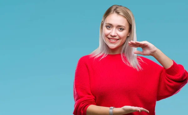Ung Blond Kvinde Iført Vinter Sweater Isoleret Baggrund Gestus Med - Stock-foto