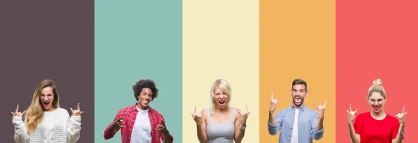 Collage Van Groep Jongeren Kleurrijke Vintage Geïsoleerd Achtergrond Schreeuwen Met — Stockfoto