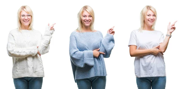 Colagem Bela Mulher Loira Usando Camisola Inverno Sobre Fundo Isolado — Fotografia de Stock