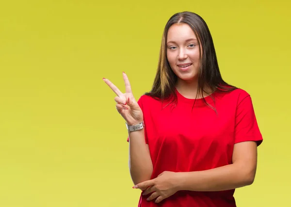 Joven Hermosa Mujer Caucásica Sobre Fondo Aislado Sonriendo Con Cara — Foto de Stock