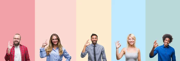 Collage Diferentes Etnias Jóvenes Sobre Rayas Colores Fondo Aislado Sonriendo —  Fotos de Stock