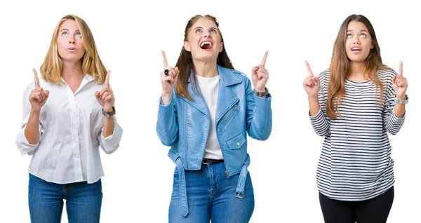 Collage Von Drei Schönen Frauen Vor Weißem Isoliertem Hintergrund Die — Stockfoto
