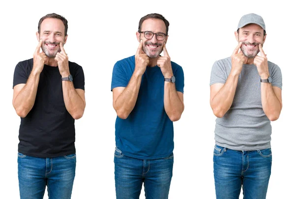 Colagem Homem Sênior Bonito Sobre Fundo Isolado Branco Sorrindo Com — Fotografia de Stock