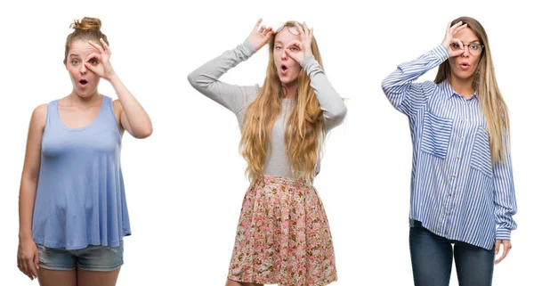 Collage Van Groep Blonde Vrouwen Geïsoleerde Achtergrond Doen Gebaar Geschokt — Stockfoto