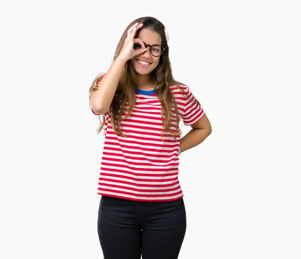 Young Beautiful Brunette Woman Wearing Glasses Stripes Shirt Isolated Background — Stock Photo, Image