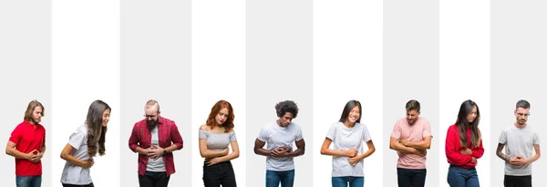 Collage Diferentes Etnias Jóvenes Sobre Rayas Blancas Aislados Fondo Con — Foto de Stock