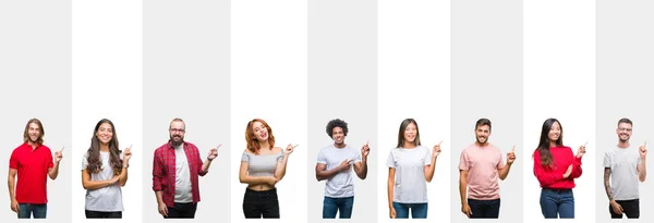 Collage Diferentes Etnias Jóvenes Sobre Rayas Blancas Fondo Aislado Con — Foto de Stock