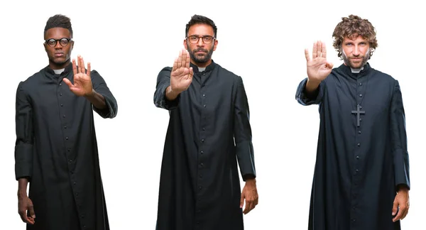 Collage Hombres Sacerdotes Cristianos Sobre Fondo Aislado Haciendo Dejar Cantar —  Fotos de Stock