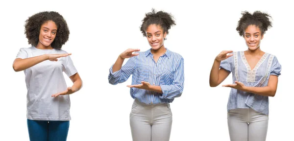 Collage Van Afrikaanse Amerikaanse Vrouw Geïsoleerde Achtergrond Gebaren Met Handen — Stockfoto