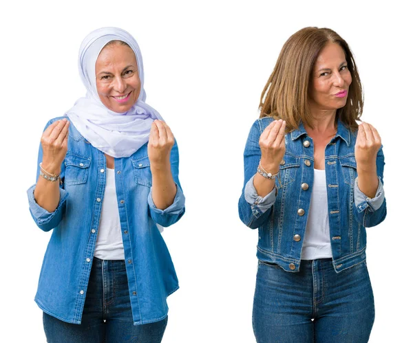 Collage Hermosa Mujer Árabe Mediana Edad Sobre Fondo Aislado Haciendo —  Fotos de Stock