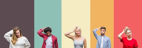 Collage Grupo Jóvenes Sobre Colorido Vintage Aislado Fondo Confundir Preguntarse —  Fotos de Stock