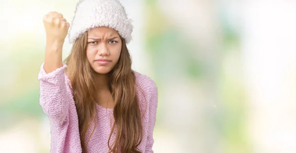 Mujer Morena Hermosa Joven Con Suéter Sombrero Invierno Sobre Fondo —  Fotos de Stock