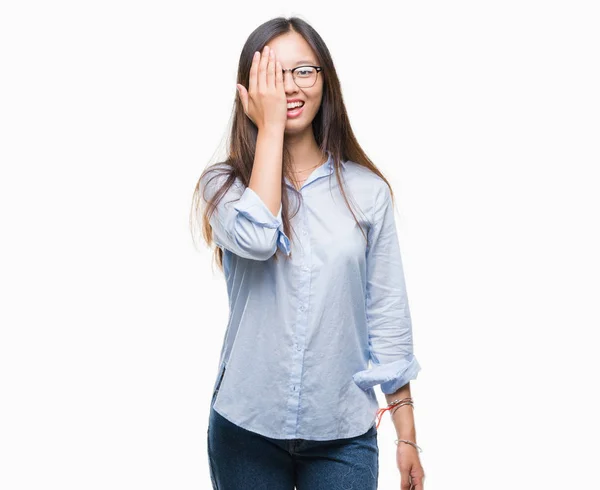 Young Asian Business Woman Wearing Glasses Isolated Background Covering One — Stock Photo, Image