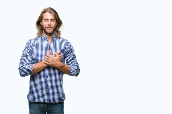Young Handsome Man Long Hair Isolated Background Smiling Hands Chest — Stock Photo, Image