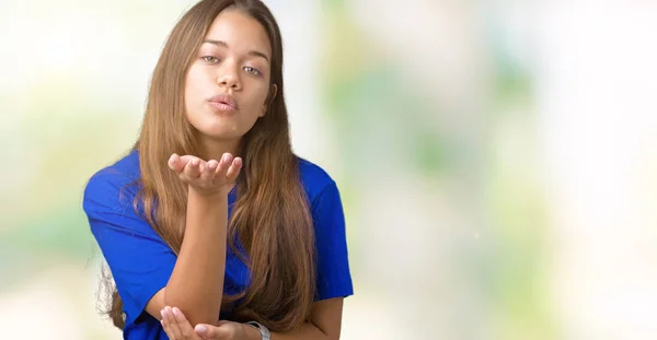 Young Beautiful Brunette Woman Wearing Blue Shirt Isolated Background Looking — Stock Photo, Image