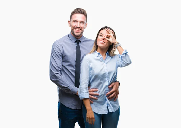 Young Workers Business Couple Isolated Background Doing Gesture Hand Smiling — Stock Photo, Image