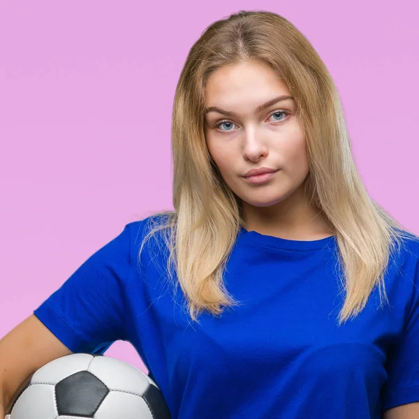 Young Caucasian Woman Holding Soccer Ball Isolated Background Confident Expression — Stock Photo, Image