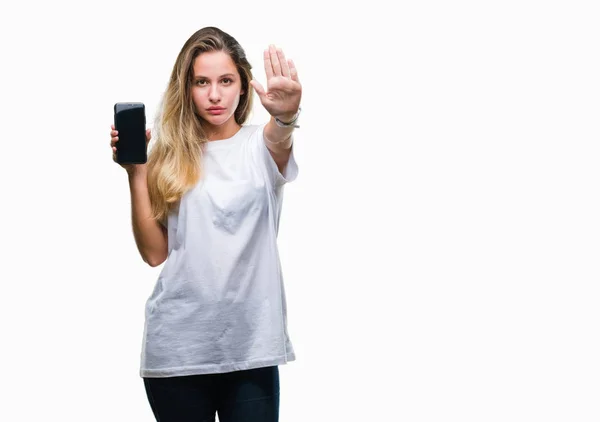 Jonge Mooie Blonde Vrouw Weergegeven Scherm Van Smartphone Geïsoleerde Achtergrond — Stockfoto