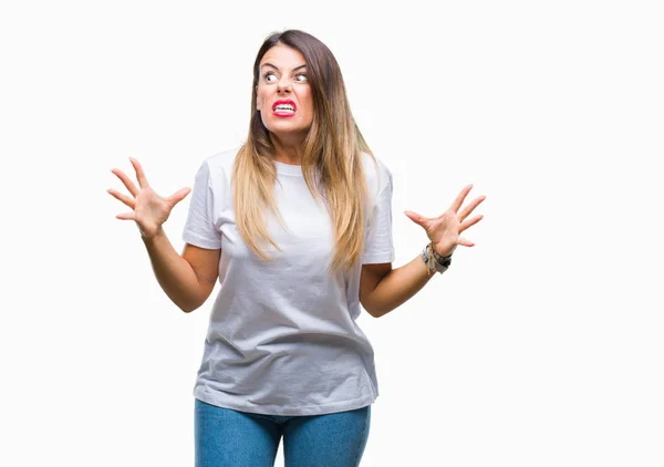 Joven Hermosa Mujer Casual Camiseta Blanca Sobre Fondo Aislado Loco —  Fotos de Stock